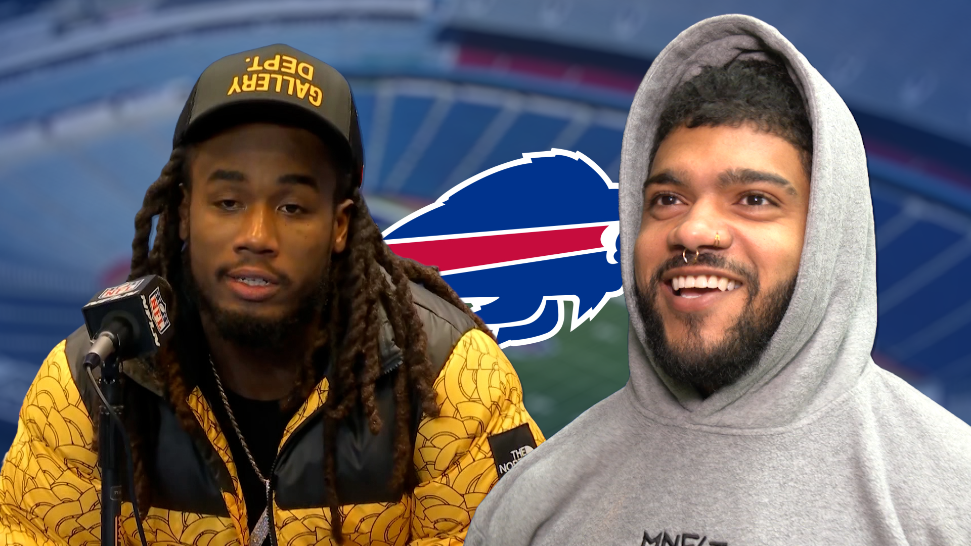 James Cook and Ty Johnson in front of the Bills logo after beating the Broncos in the playoffs